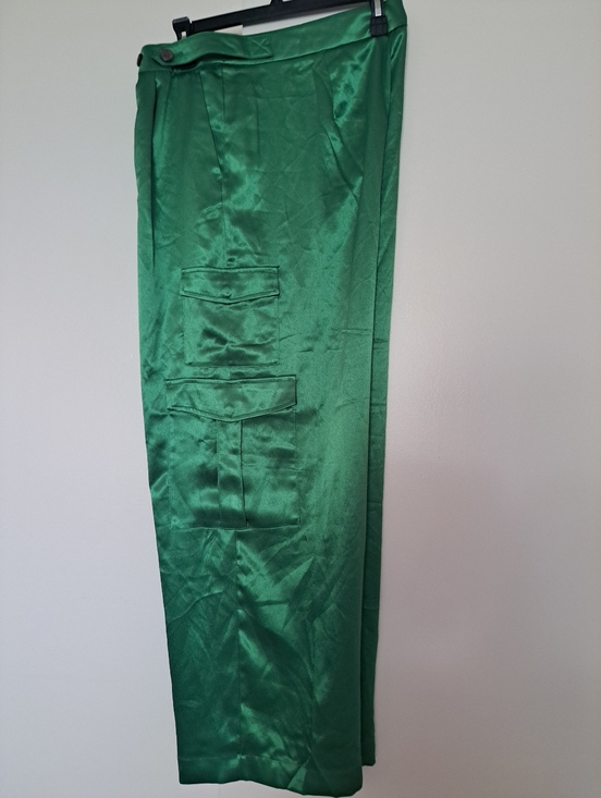 a new day Pants - Satin Emerald Green Wide-Leg Cargo Jumpsuit Pants.